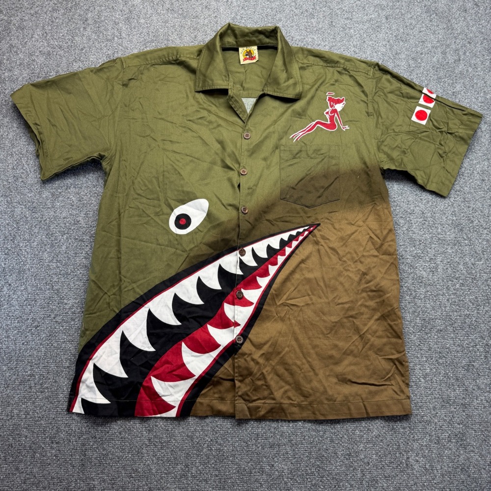 Max Boxxer USA Mens Large Olive Shark Mouth Flying Tiger Pin Up Military Shirt